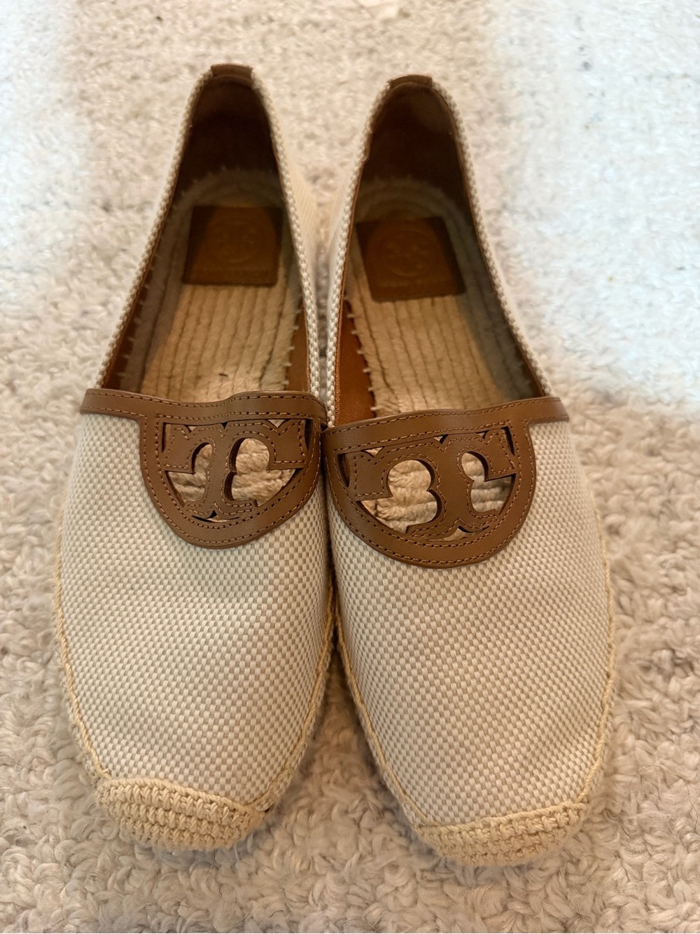 Tory Burch Cream Canvas Espadrille Flats with Tan Logo Accent